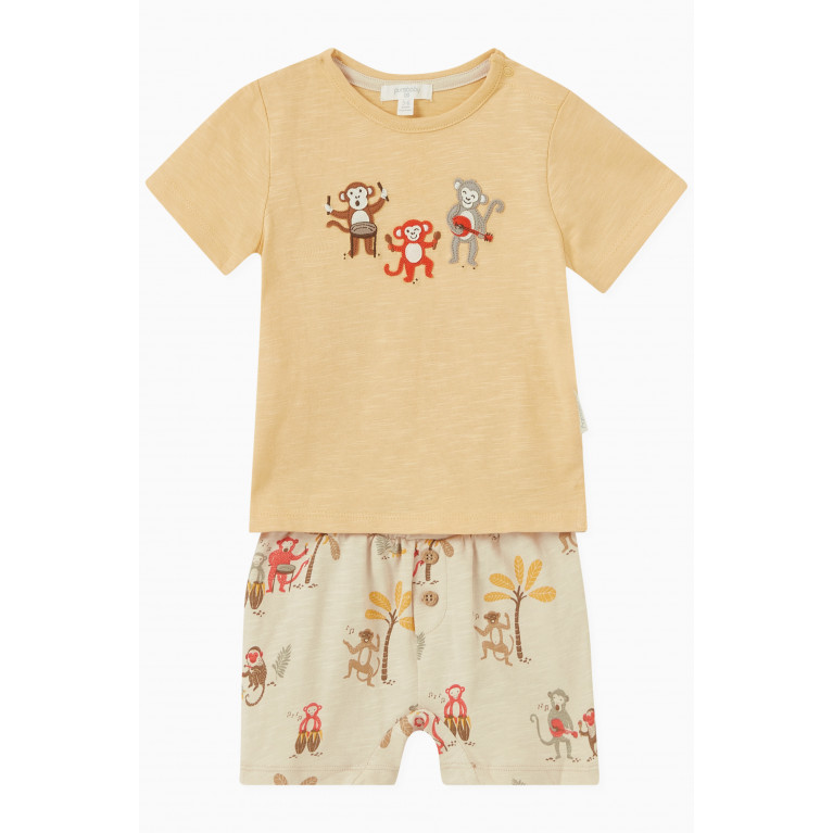 Purebaby - Monkey-print T-shirt & Shorts Set in Organic Cotton