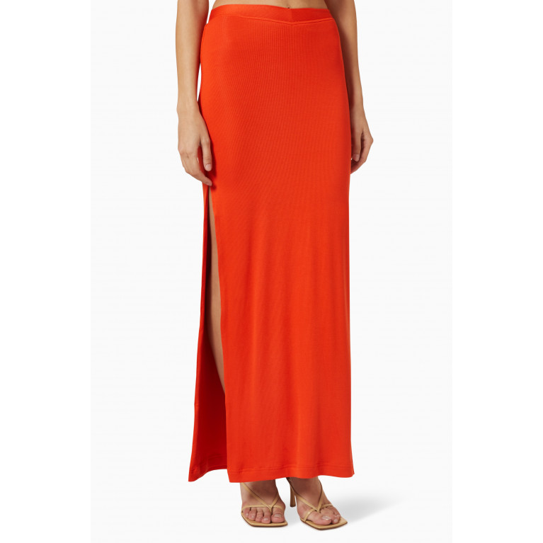 Lama Jouni - Side Slit Maxi Skirt in Ribbed Knit Orange