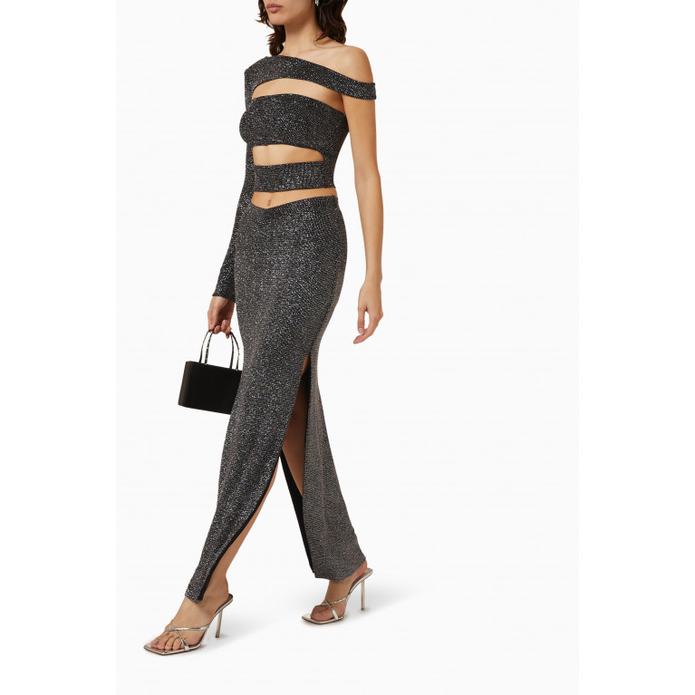 Lama Jouni - Side Slit Maxi Skirt in Ribbed Knit Silver
