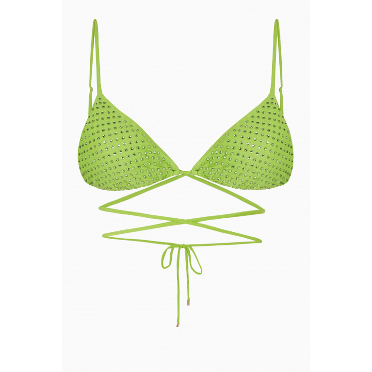 Self-Portrait - Rhinestone-embellished Triangle Bikini Top in Stretch-nylon Green