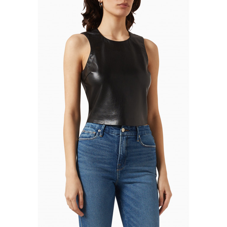 Good American - Shell Cropped Tank Top in Faux Leather Black