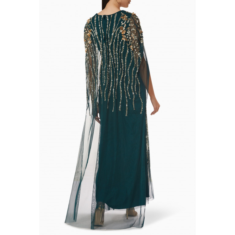 Raishma - Embellished Cape Gown in Tulle Mesh Green