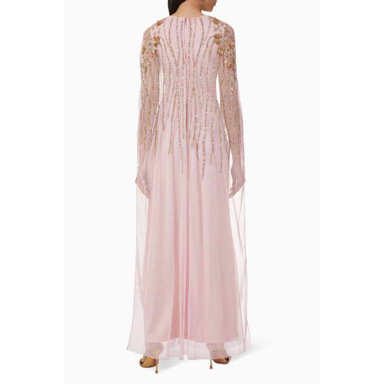 Raishma - Embellished Cape Gown in Tulle Mesh Pink