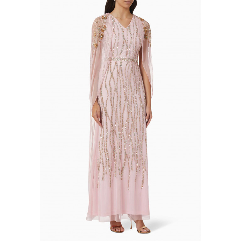Raishma - Embellished Cape Gown in Tulle Mesh Pink