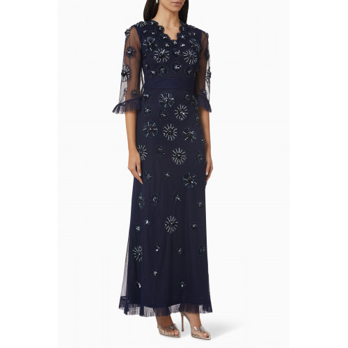 Raishma - Floral Embellished Gown in Tulle Mesh Blue