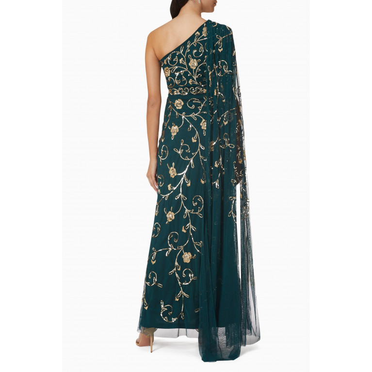 Raishma - Embellished One-shoulder Draped Gown in Tulle Mesh