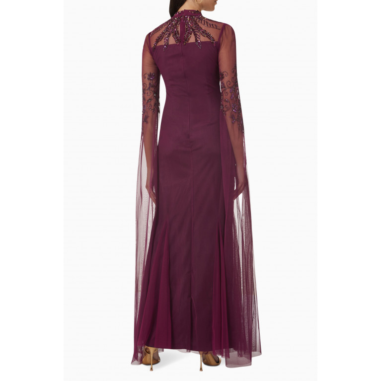 Raishma - Sequin Embellished Cape Sleeves Gown in Tulle Mesh Purple