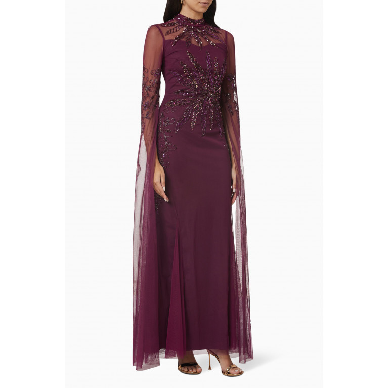 Raishma - Sequin Embellished Cape Sleeves Gown in Tulle Mesh Purple