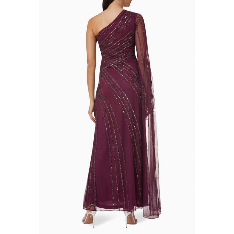Raishma - Sequin Embellished One-shoulder Gown in Tulle Mesh Red