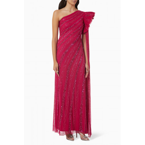 Raishma - Sequin Embellished One-shoulder Gown in Tulle Mesh Pink