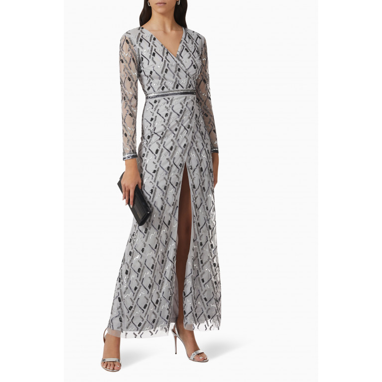 Raishma - Sequin Embellished Wrap-around Gown in Tulle Mesh Silver