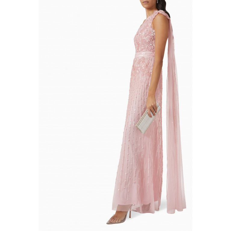 Raishma - Sequin Embellished One-shoulder Gown in Tulle Mesh Pink