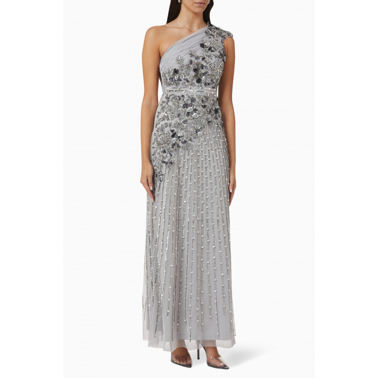 Raishma - Sequin Embellished One-shoulder Gown in Tulle Mesh Silver