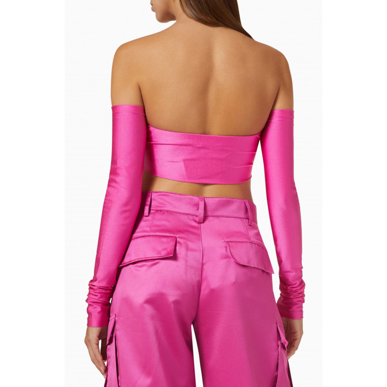 The Andamane - Lexi Off-shoulder Crop Top in Shiny Lycra Pink