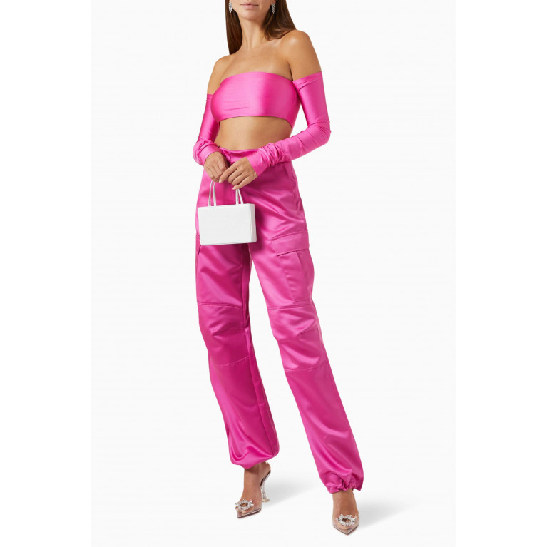 The Andamane - Lexi Off-shoulder Crop Top in Shiny Lycra Pink