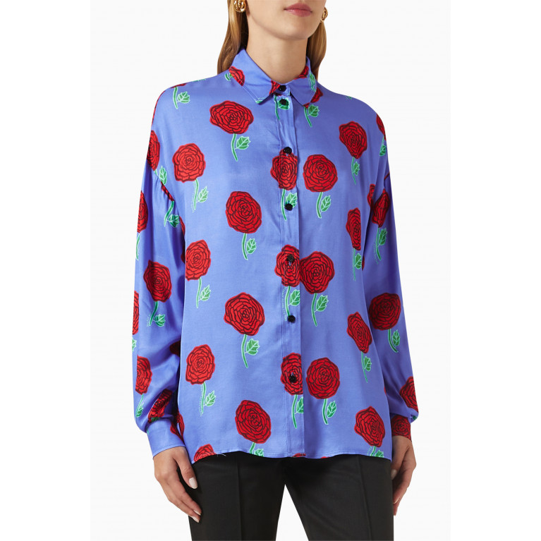 Versace Jeans Couture - Rose Print Shirt in Twill Blue