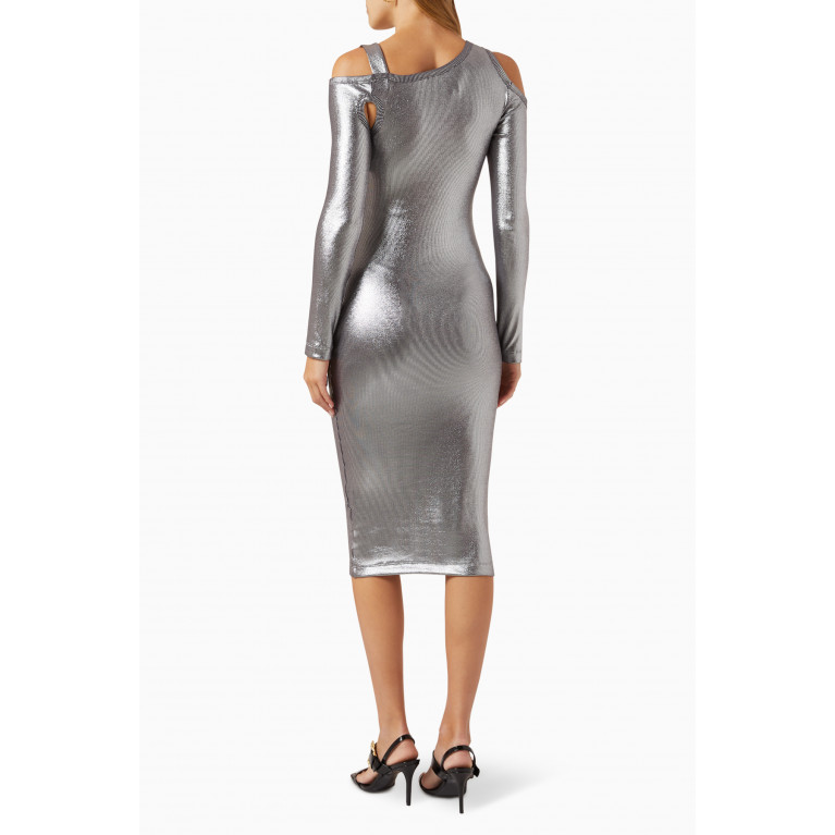 Versace Jeans Couture - Buckled Midi Dress in Metallic Ribbed-cotton Silver