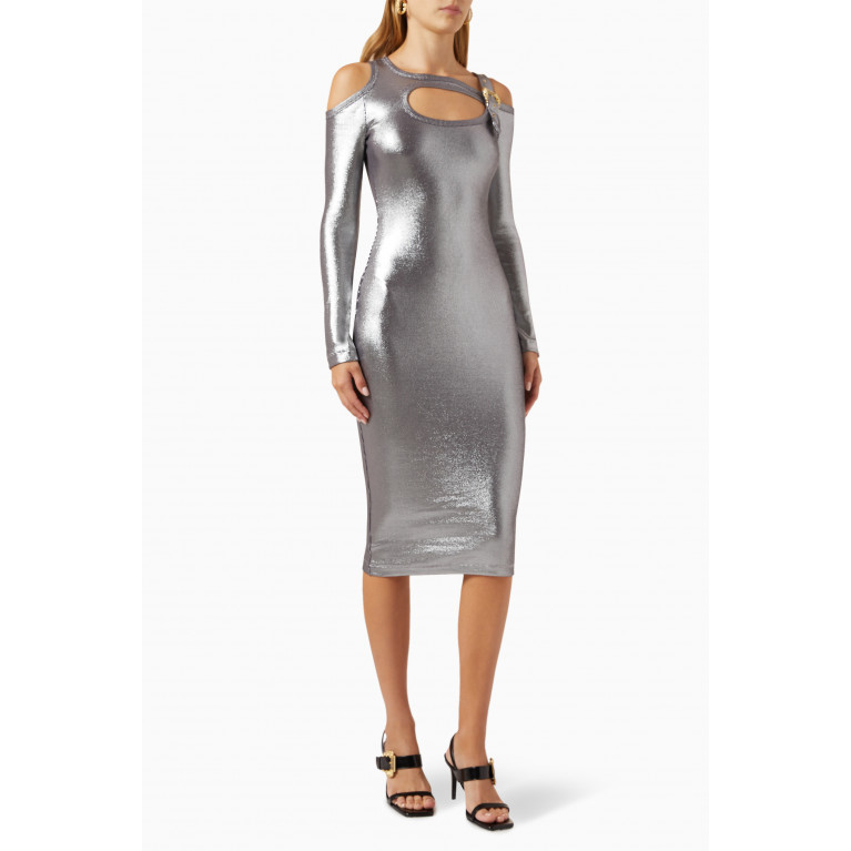 Versace Jeans Couture - Buckled Midi Dress in Metallic Ribbed-cotton Silver