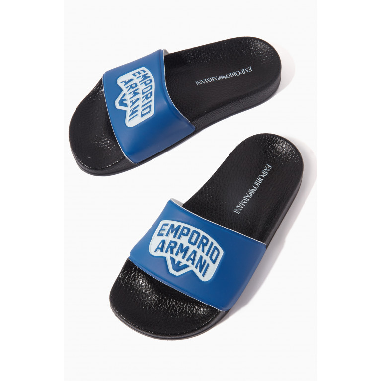 Emporio Armani - Logo Pool Slides in Leather & Rubber Blue