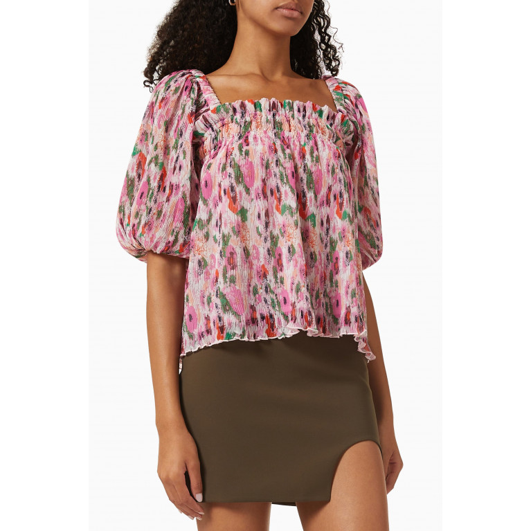 Ganni - Floral-print Pleated Top in Recycled Georgette