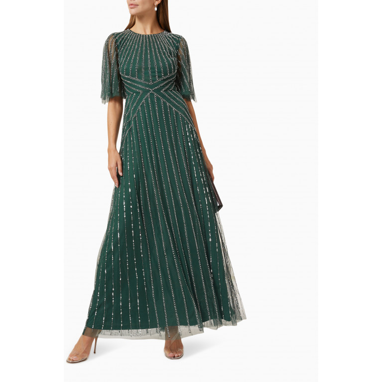 Amelia Rose - Bead-embellished Maxi Dress in Tulle Green
