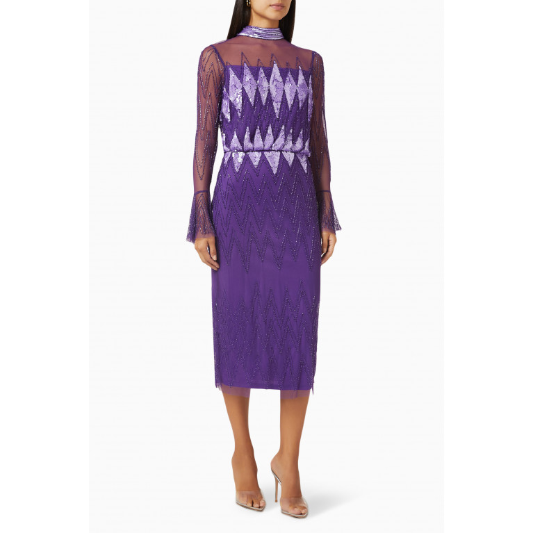 Amelia Rose - Sequin-embellished Midi Dress in Tulle Purple