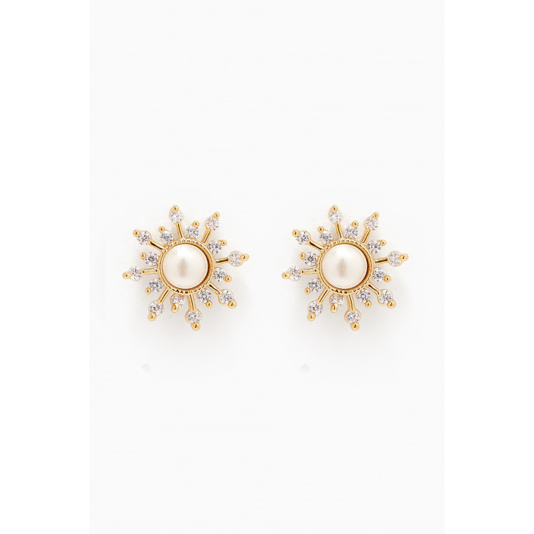 Tai Jewelry - CZ & Pearl Starburst Stud Earrings in Gold-plated Brass