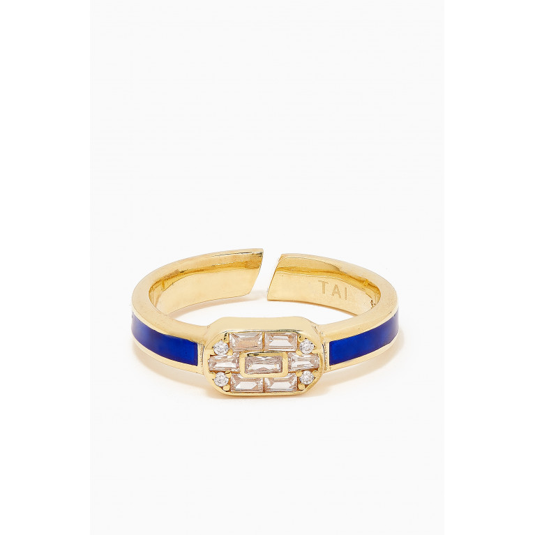 Tai Jewelry - Baguette-cut CZ & Enamel Open Ring in Gold-plated Brass