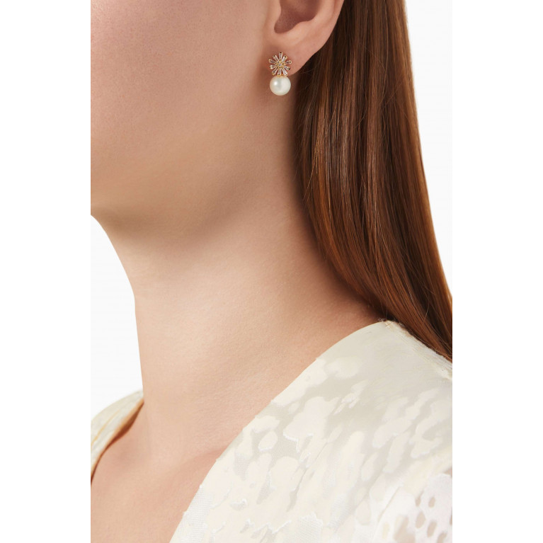 Tai Jewelry - CZ Flower Pearl Drop Earrings in Gold-plated Brass