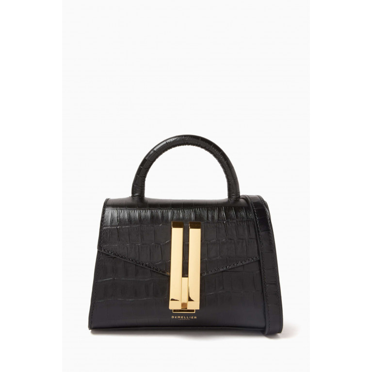 Demellier - The Nano Montreal Top Handle Bag in Croc-embossed Leather Black