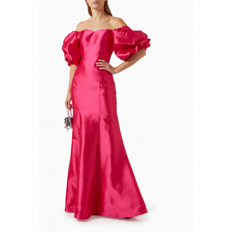 Mac Duggal - Puff-sleeved Off-shoulder Gown Pink