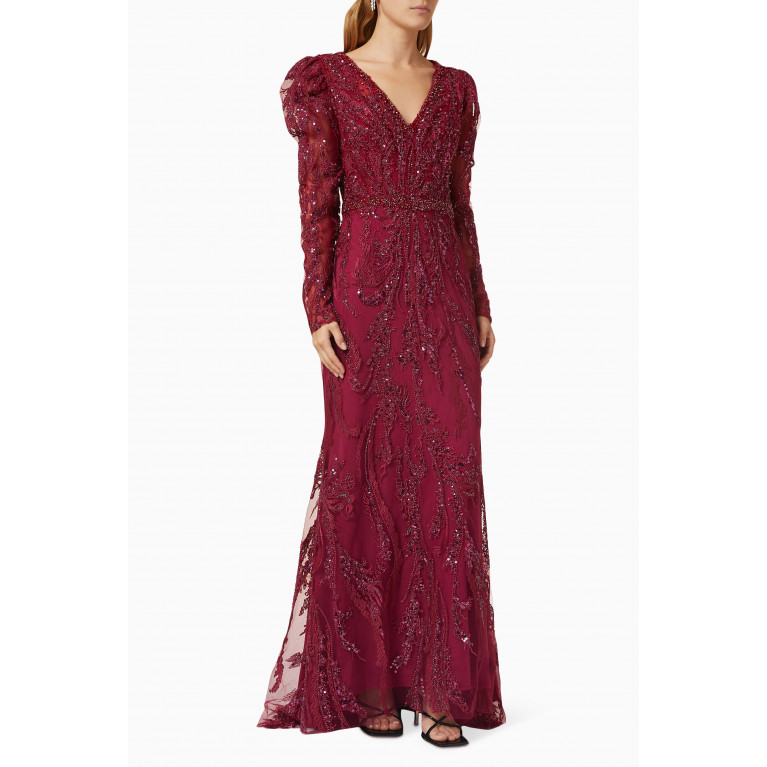 Mac Duggal - Embellished Puff Sleeve Gown in Lace
