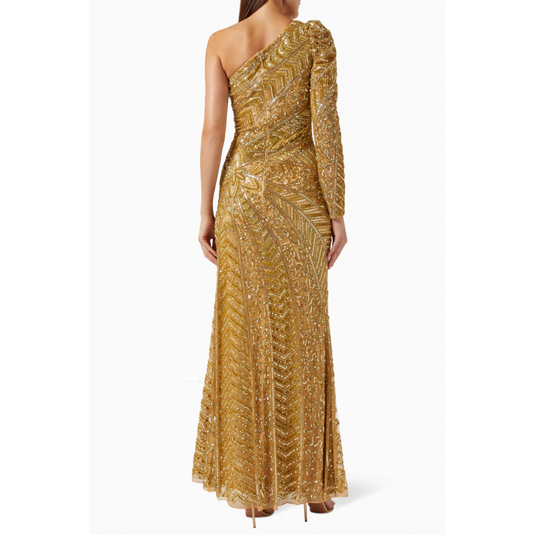 Mac Duggal - Illusion Beaded One-shoulder Maxi Dress Gold
