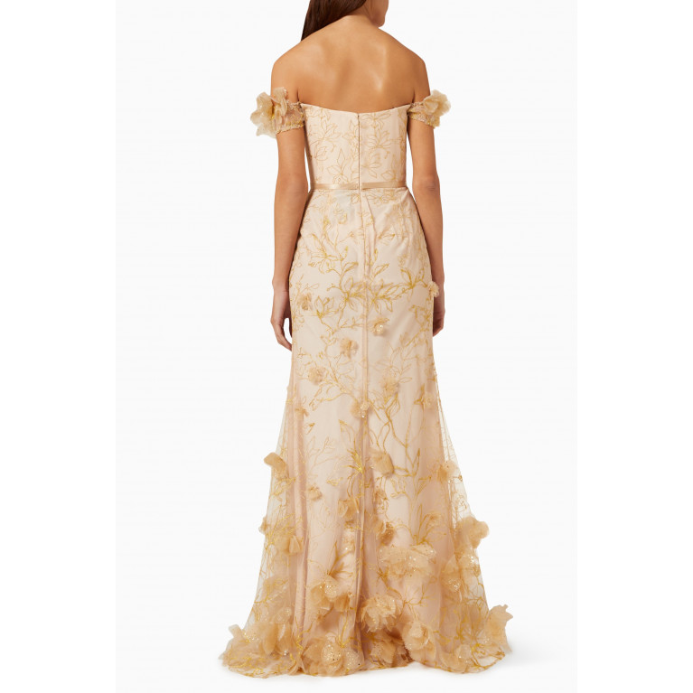 Marchesa Notte - 3D Floral Belted Gown in Lurex & Tulle
