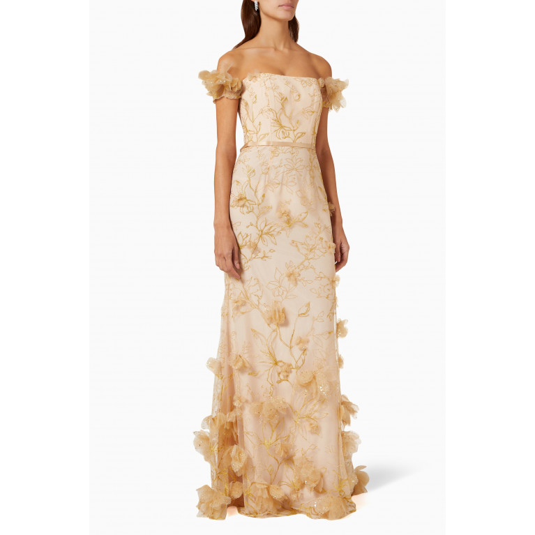 Marchesa Notte - 3D Floral Belted Gown in Lurex & Tulle