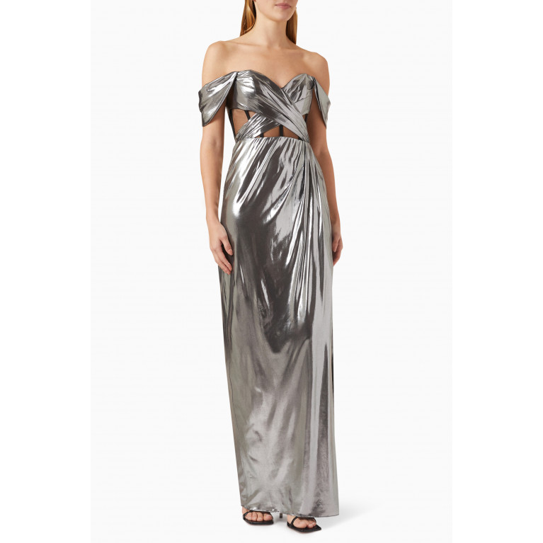 Marchesa Notte - Off-shoulder Corset Gown in Foiled-jersey