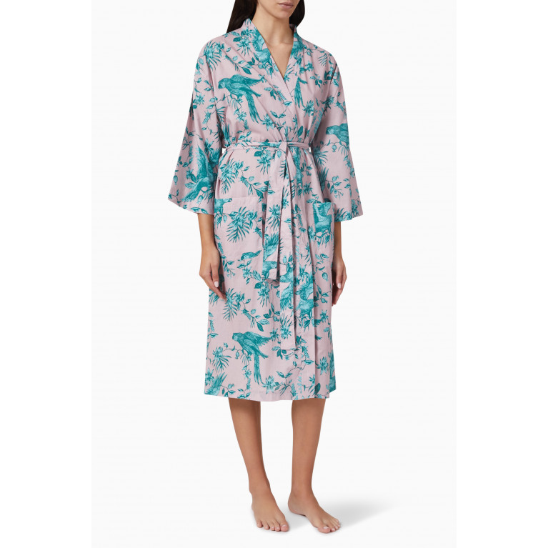 Desmond & Dempsey - Parrot Print Robe in Linen