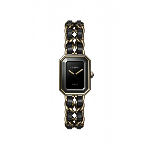 CHANEL - Steel coated with yellow gold (0.1 micron) and black leather, black-lacquered dial