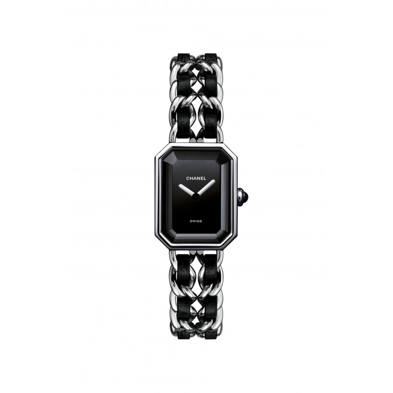 CHANEL - Steel and black leather, black-lacquered dial