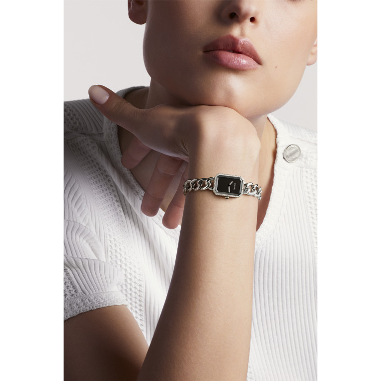 CHANEL - Small version, steel and diamonds, black-lacquered dial