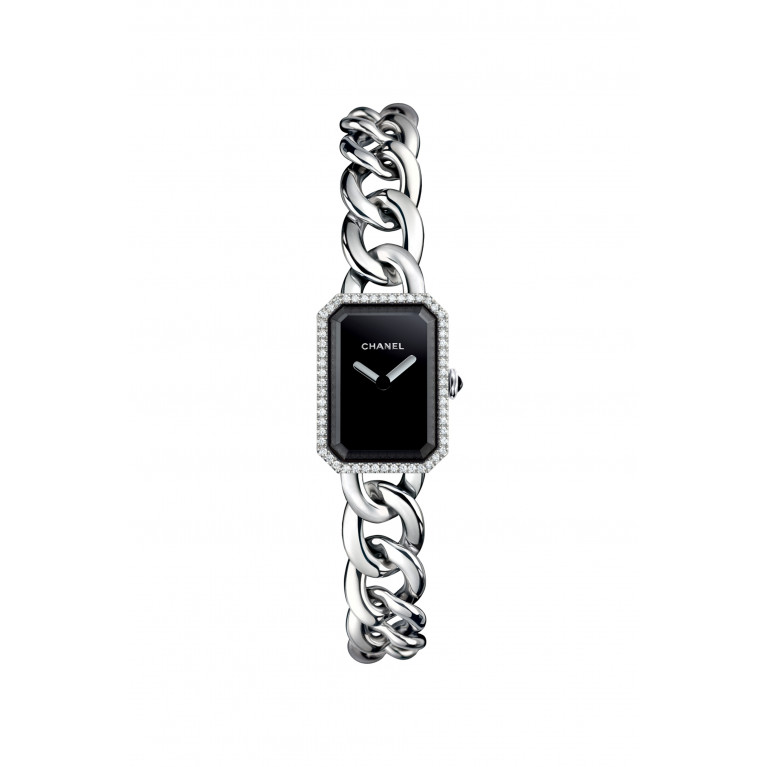 CHANEL - Small version, steel and diamonds, black-lacquered dial