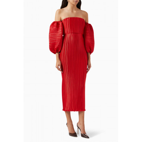 L'idee - Sirene Off-shoulder Pleated Dress Red