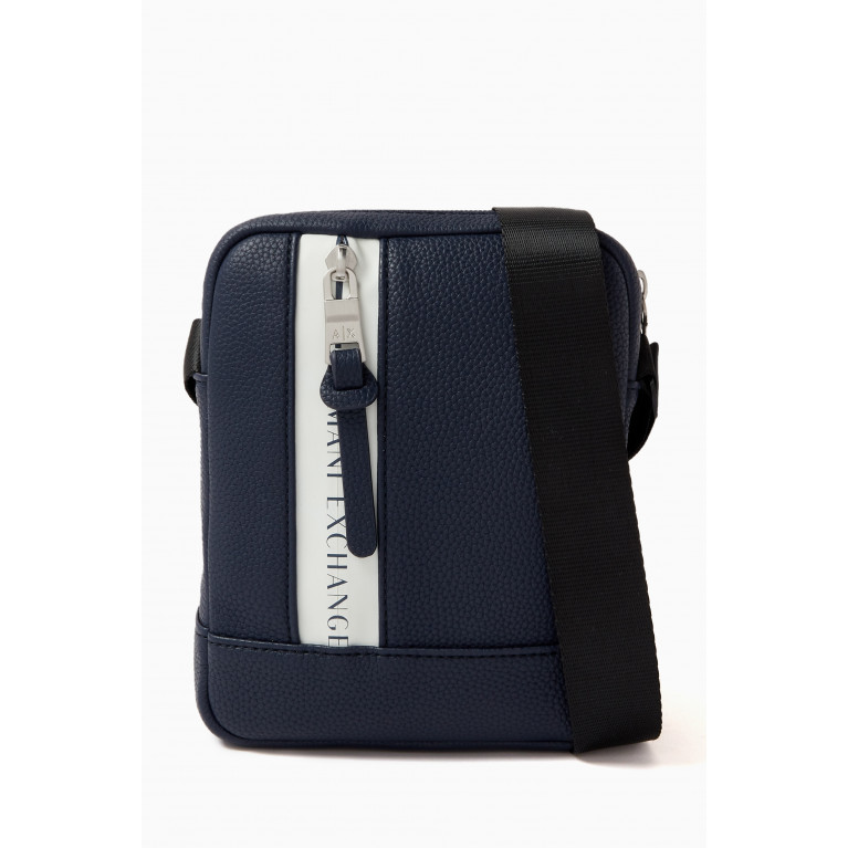 Armani - Logo Tape Crossbody Messenger Bag in Faux Leather Blue