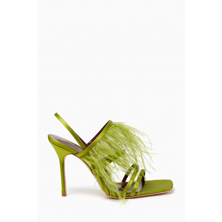 Anise Feather-trim 100 Slingback Sandals in Satin Green