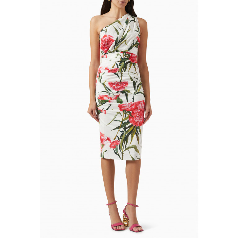 Dolce & Gabbana - Carnation-print One-shoulder Midi Dress in Cotton-poplin