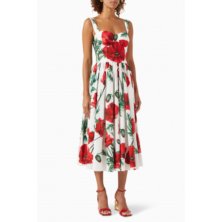 Dolce & Gabbana - Poppy-print Midi Dress in Cotton-poplin