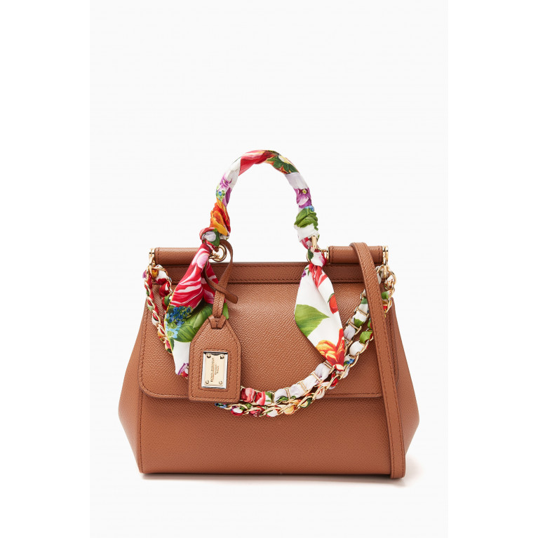 Dolce & Gabbana - Small Sicily Top Handle Bag with Scarf & Chain in Dauphine Leather Brown