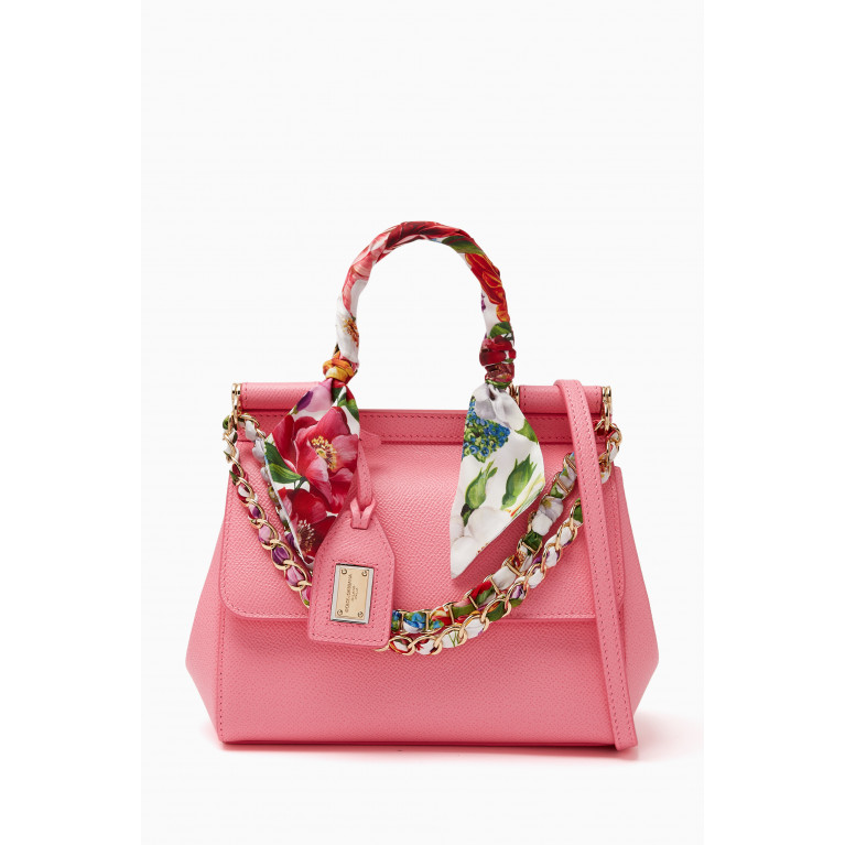 Dolce & Gabbana - Small Sicily Top Handle Bag with Scarf & Chain in Dauphine Leather Pink