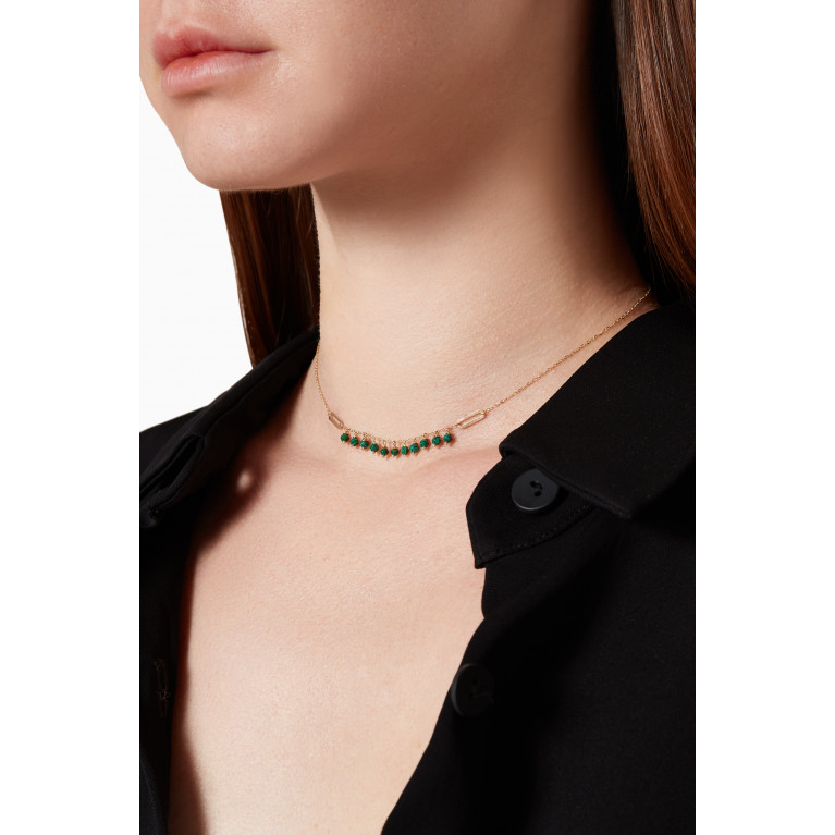 Le Petit Chato - Dangling Paper Clip Malachite Necklace in 18kt Yellow Gold