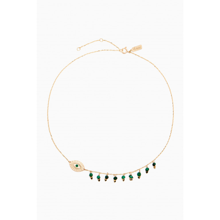 Le Petit Chato - One Side Dangling Evil Eye Malachite Necklace in 18kt Yellow Gold